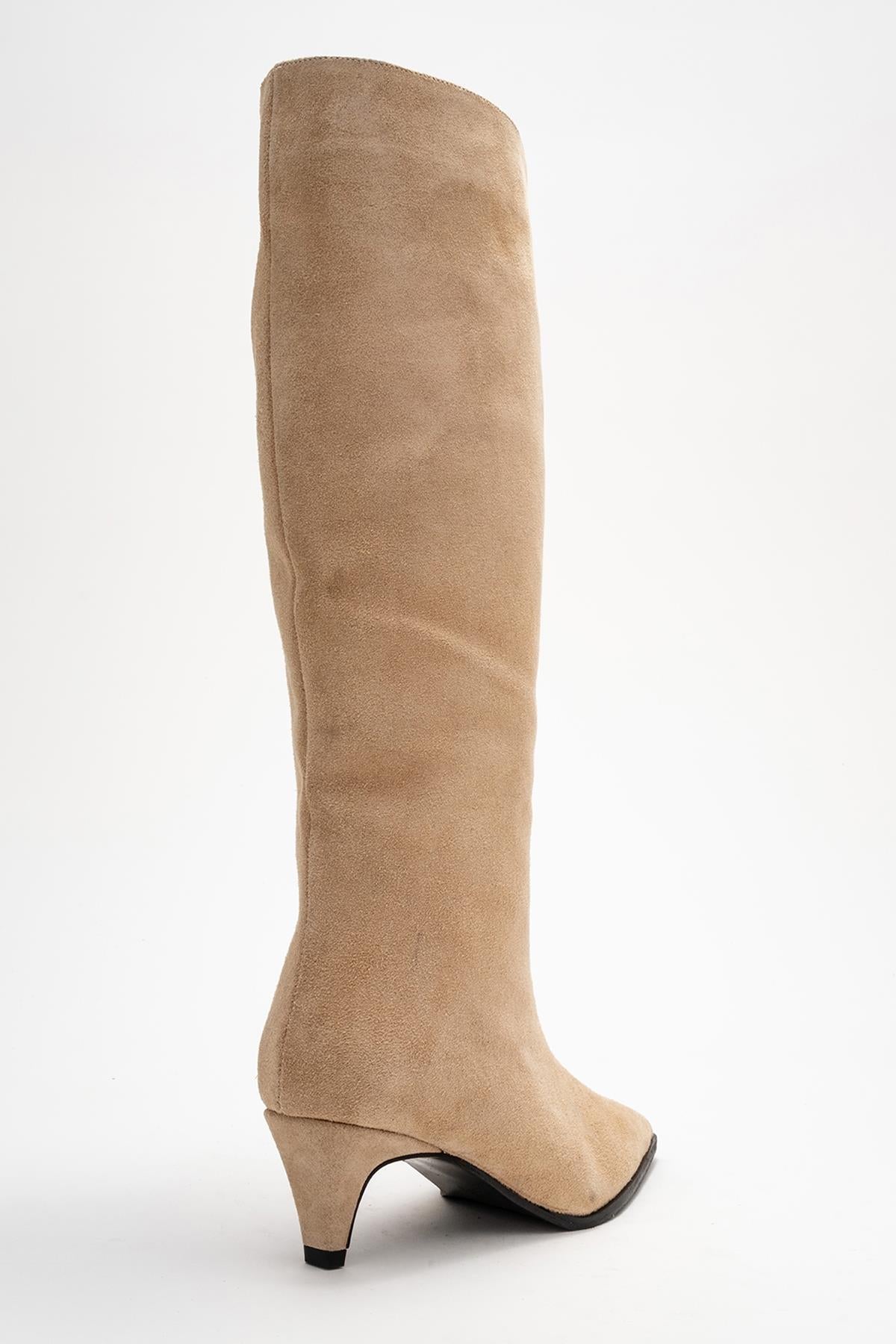 Siora - Beige Suede Genuine Leather Short Heel Boot (Women)
