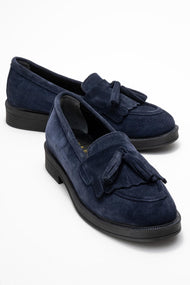 Milina - Navy Suede Genuine Leather Tassel Loafer (Women)