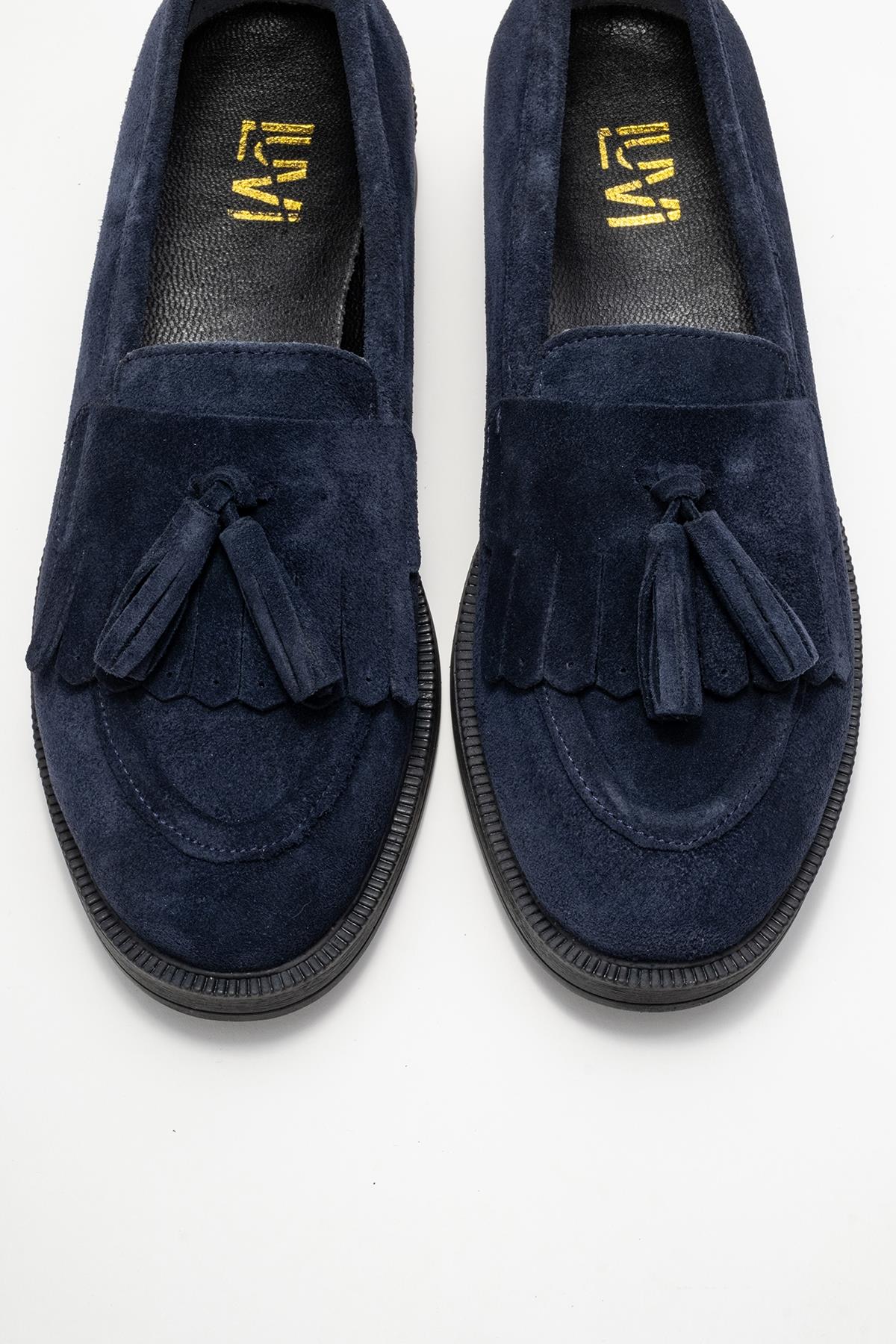 Milina - Navy Suede Genuine Leather Tassel Loafer (Women)