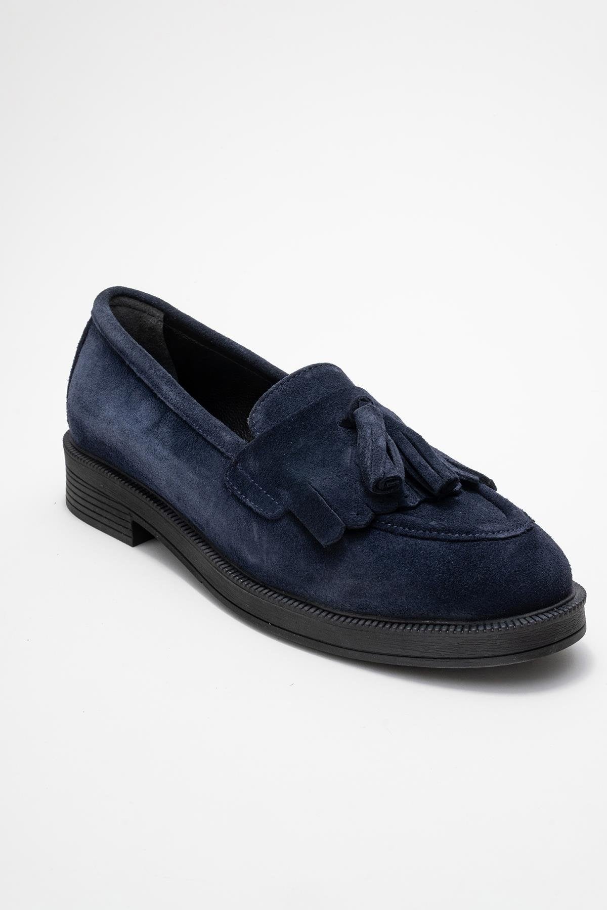 Milina - Navy Suede Genuine Leather Tassel Loafer (Women)