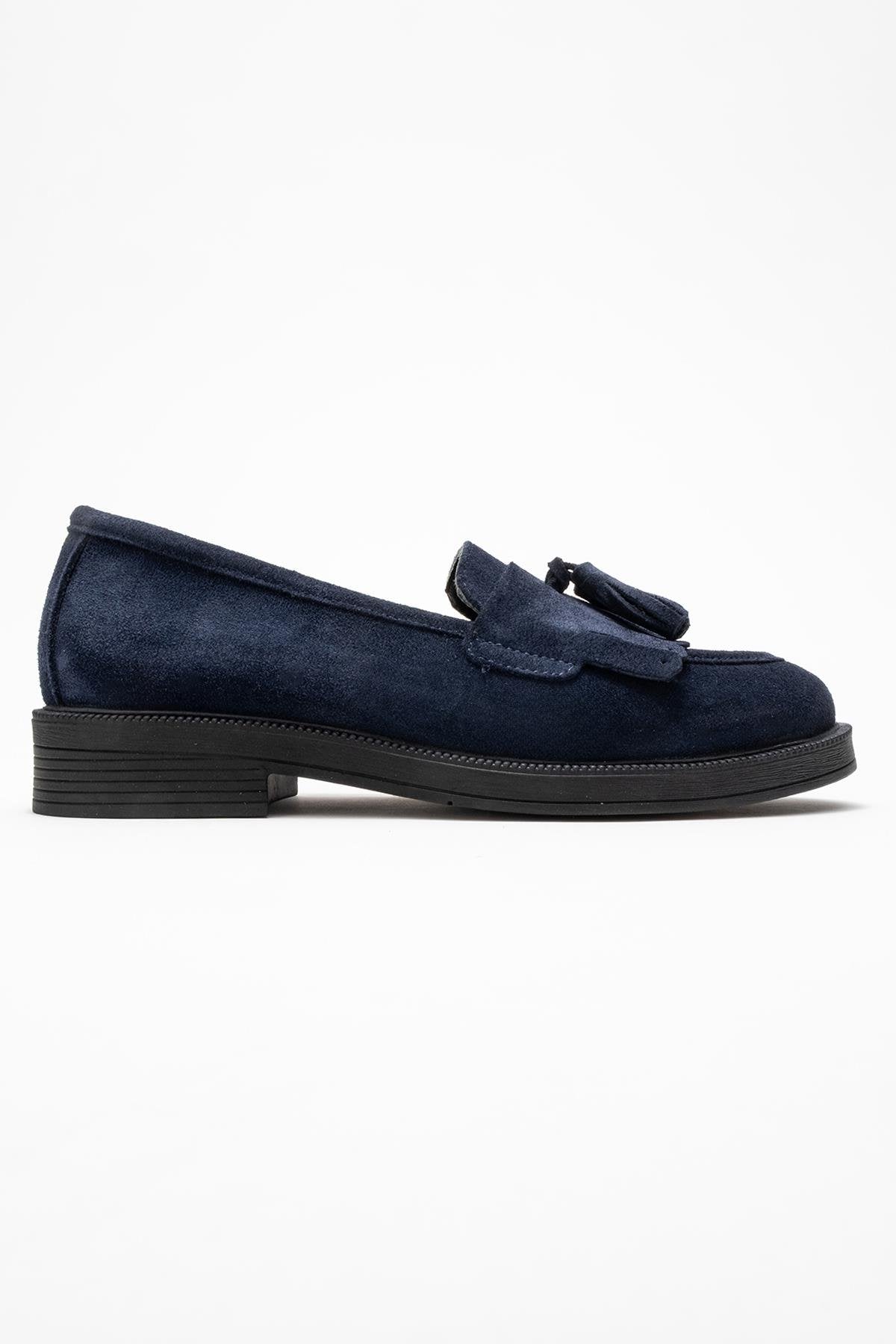 Milina - Navy Suede Genuine Leather Tassel Loafer (Women)