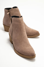 Jayer - Taupe Suede Genuine Leather Zip-Up Heeled Boot (Women)