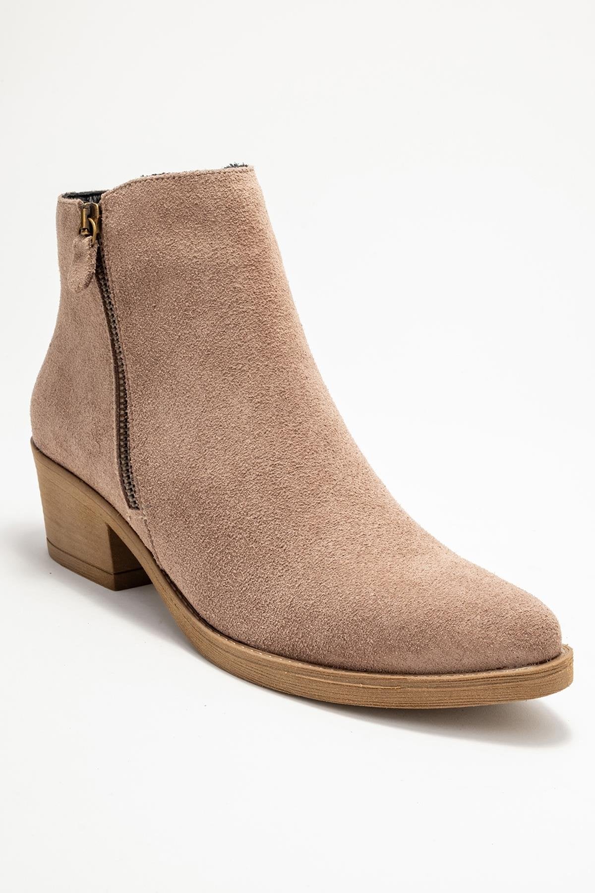 Jayer - Taupe Suede Genuine Leather Zip-Up Heeled Boot (Women)