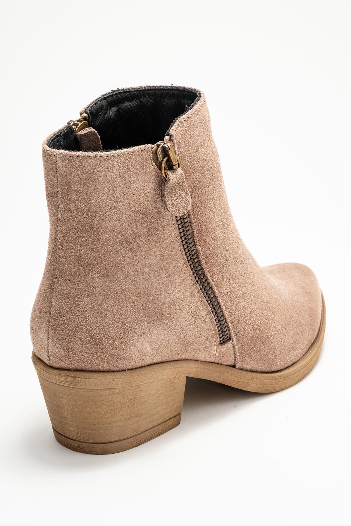 Jayer - Taupe Suede Genuine Leather Zip-Up Heeled Boot (Women)