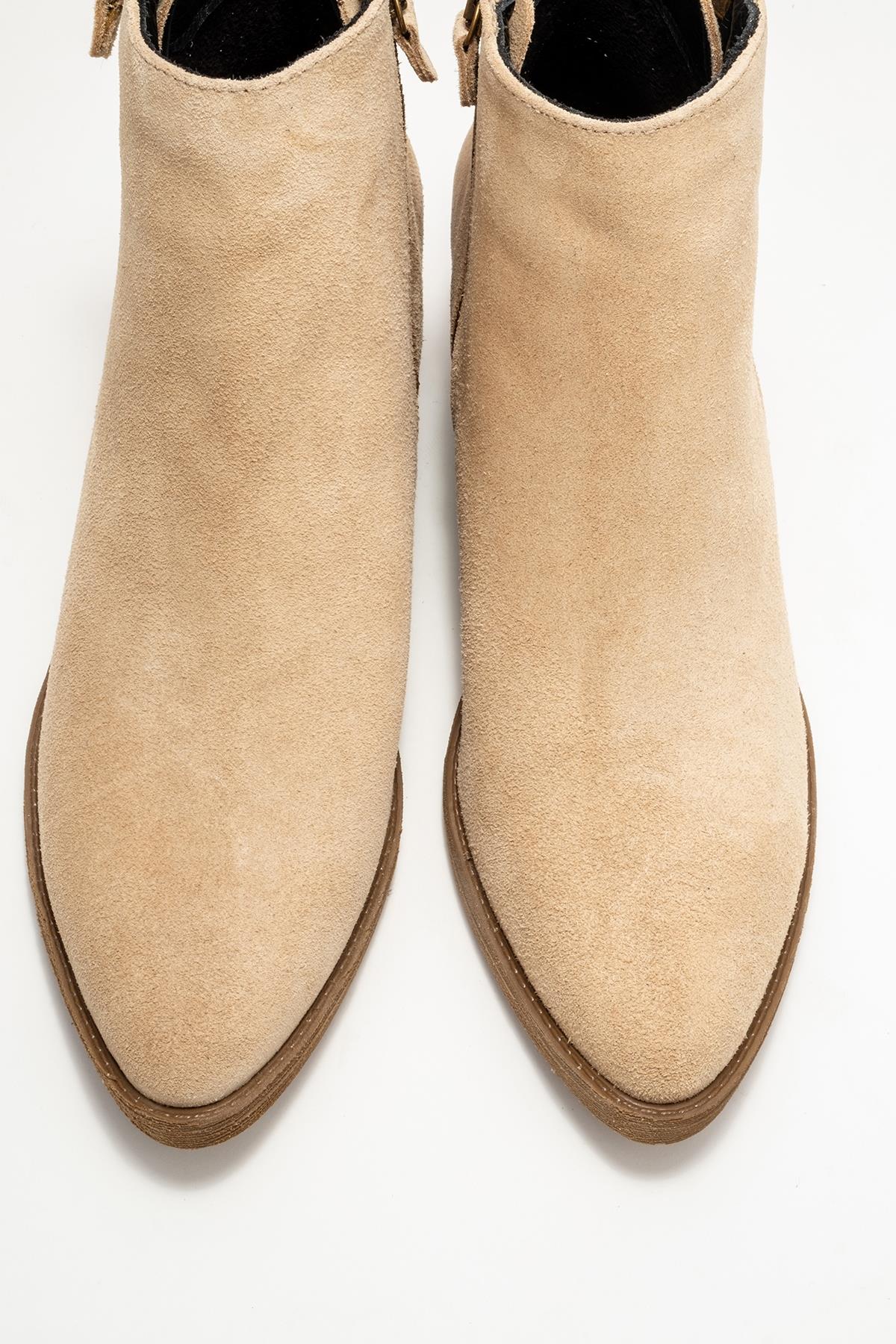 Jayer - Beige Suede Genuine Leather Zip-Up Heeled Boot (Women)