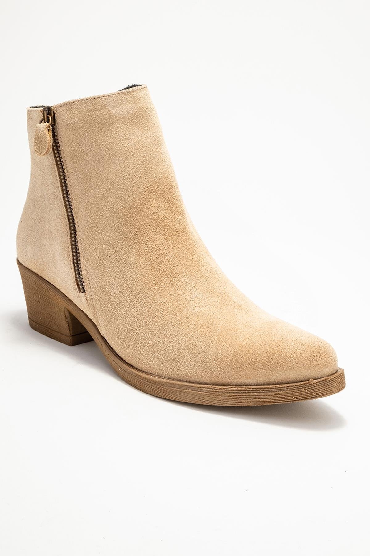 Jayer - Beige Suede Genuine Leather Zip-Up Heeled Boot (Women)