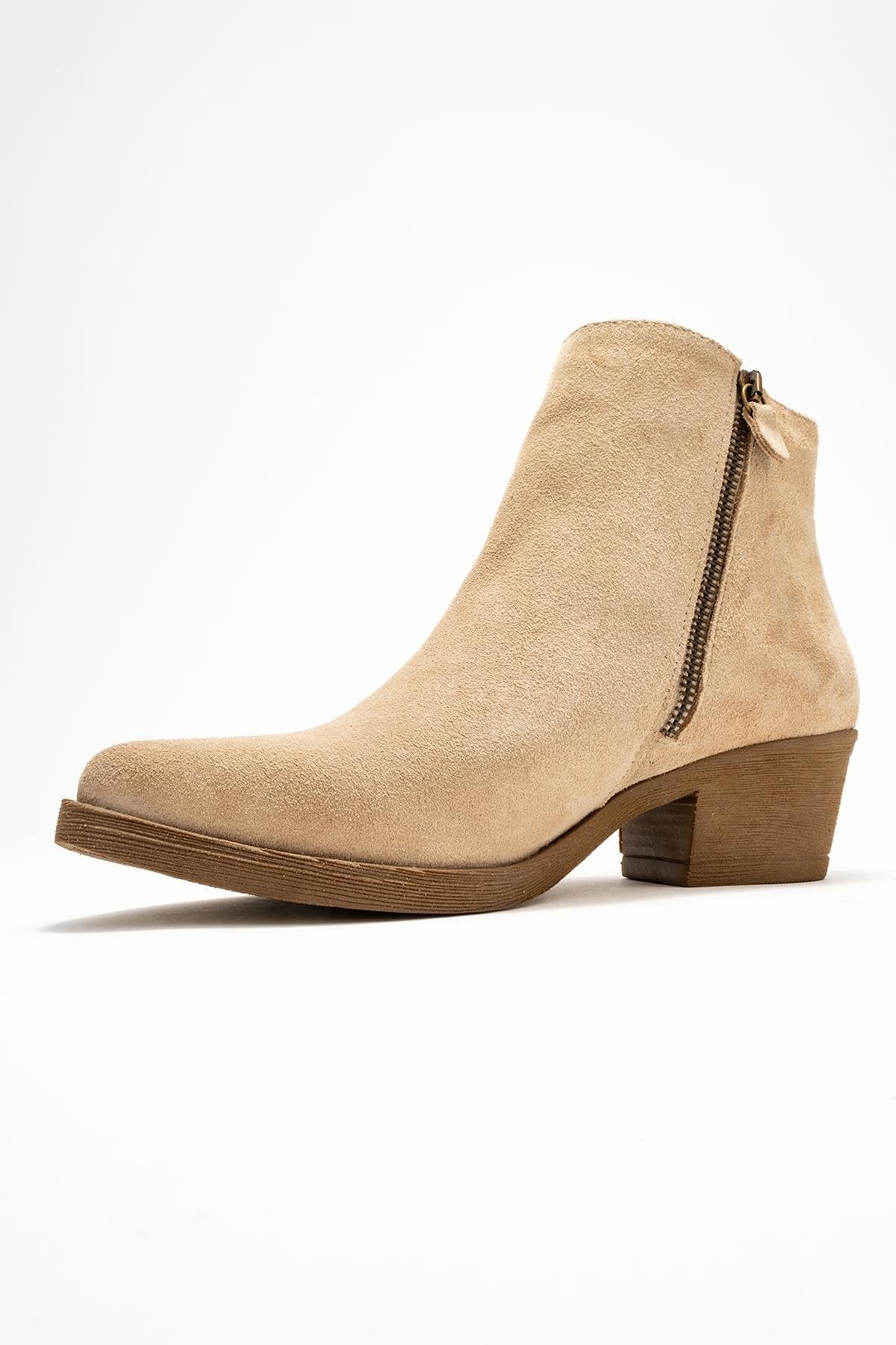 Jayer - Beige Suede Genuine Leather Zip-Up Heeled Boot (Women)