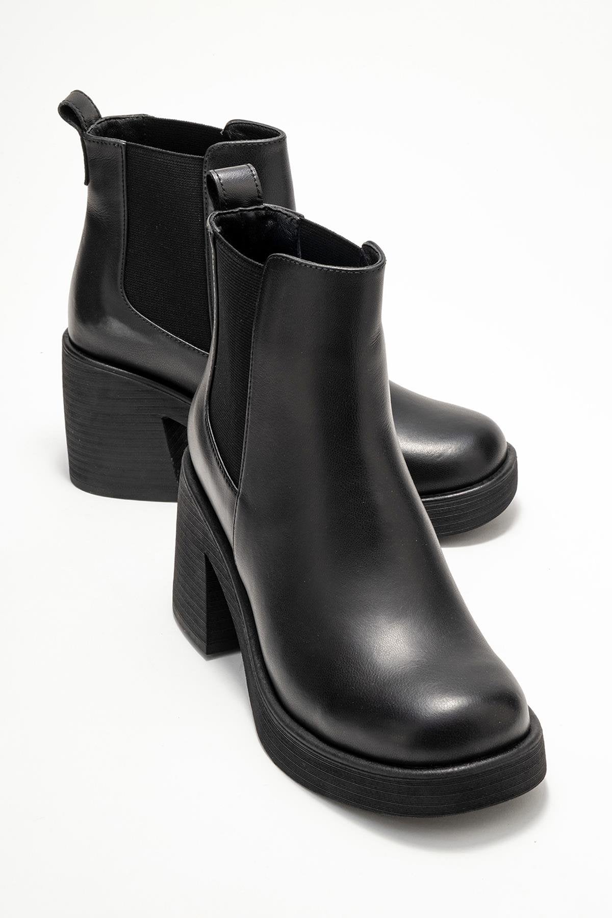 Lysa - Black Genuine Leather Elastic Platform Heel Boot (Women)