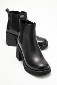 Lysa - Black Genuine Leather Elastic Platform Heel Boot (Women)