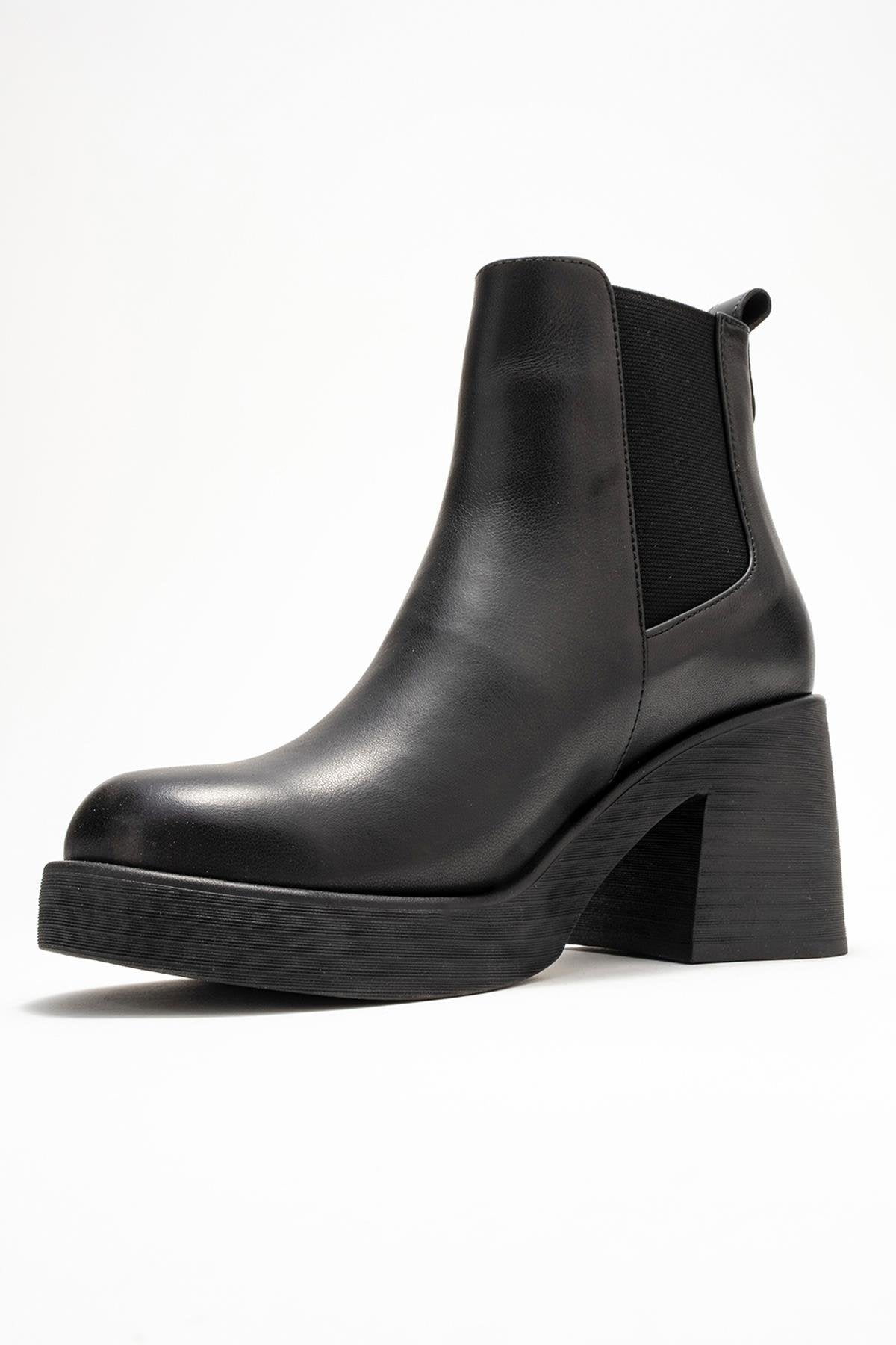 Lysa - Black Genuine Leather Elastic Platform Heel Boot (Women)