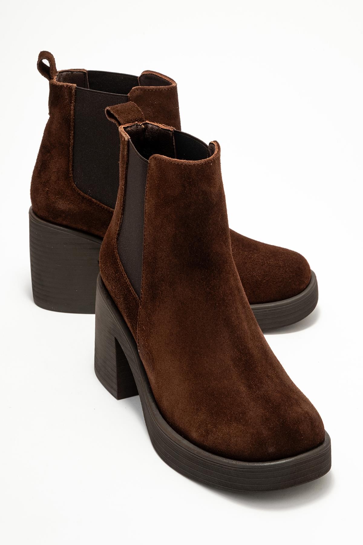Lysa - Brown Suede Genuine Leather Elastic Platform Heel Boot (Women)