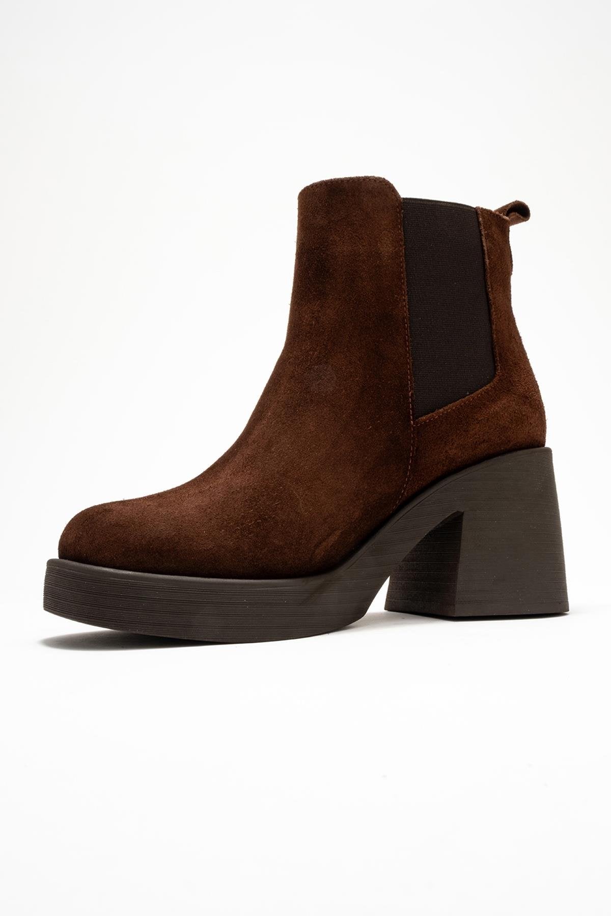 Lysa - Brown Suede Genuine Leather Elastic Platform Heel Boot (Women)