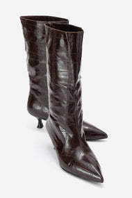 Crow - Brown Embossed Pointed Toe Short Heeled Boot (Women)