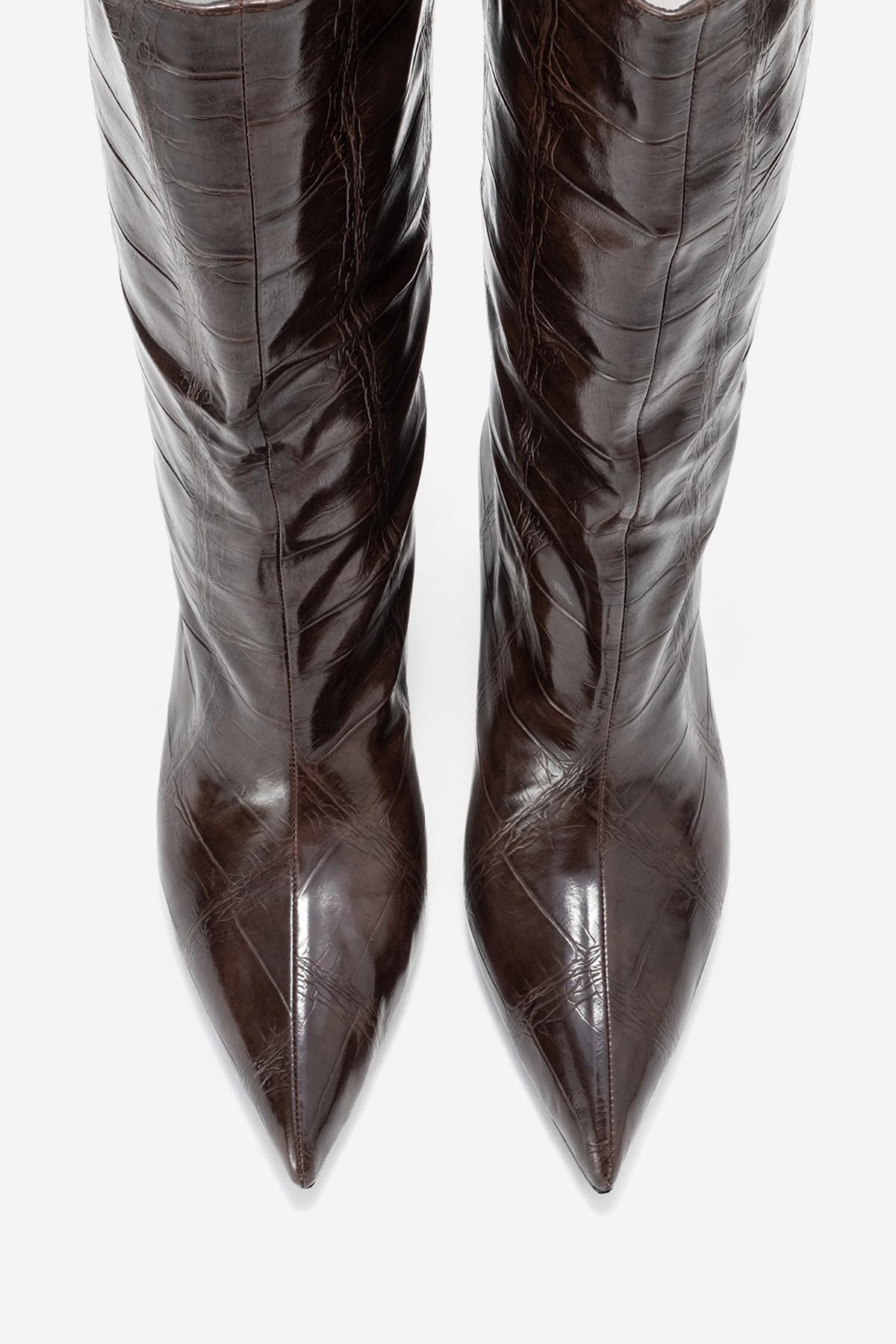 Crow - Brown Embossed Pointed Toe Short Heeled Boot (Women)