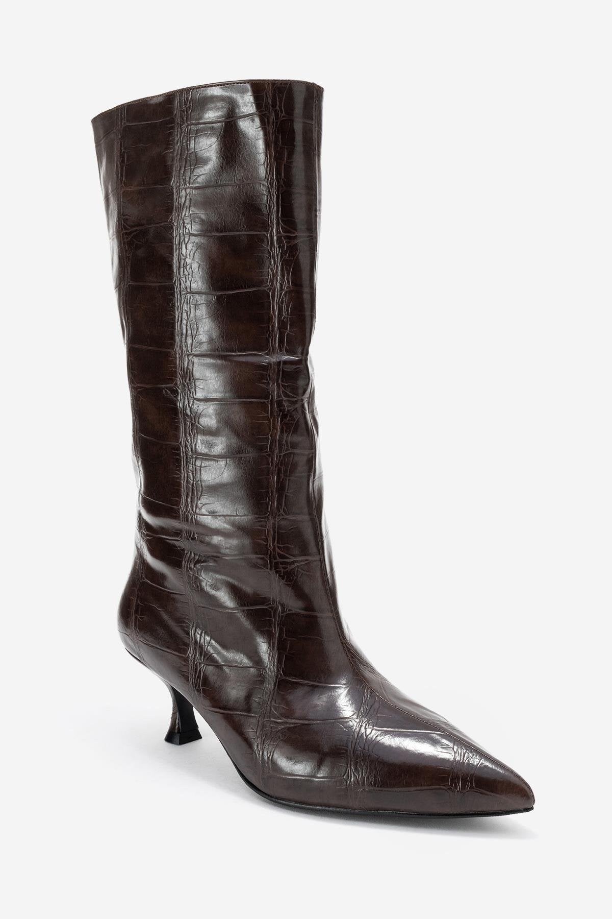 Crow - Brown Embossed Pointed Toe Short Heeled Boot (Women)
