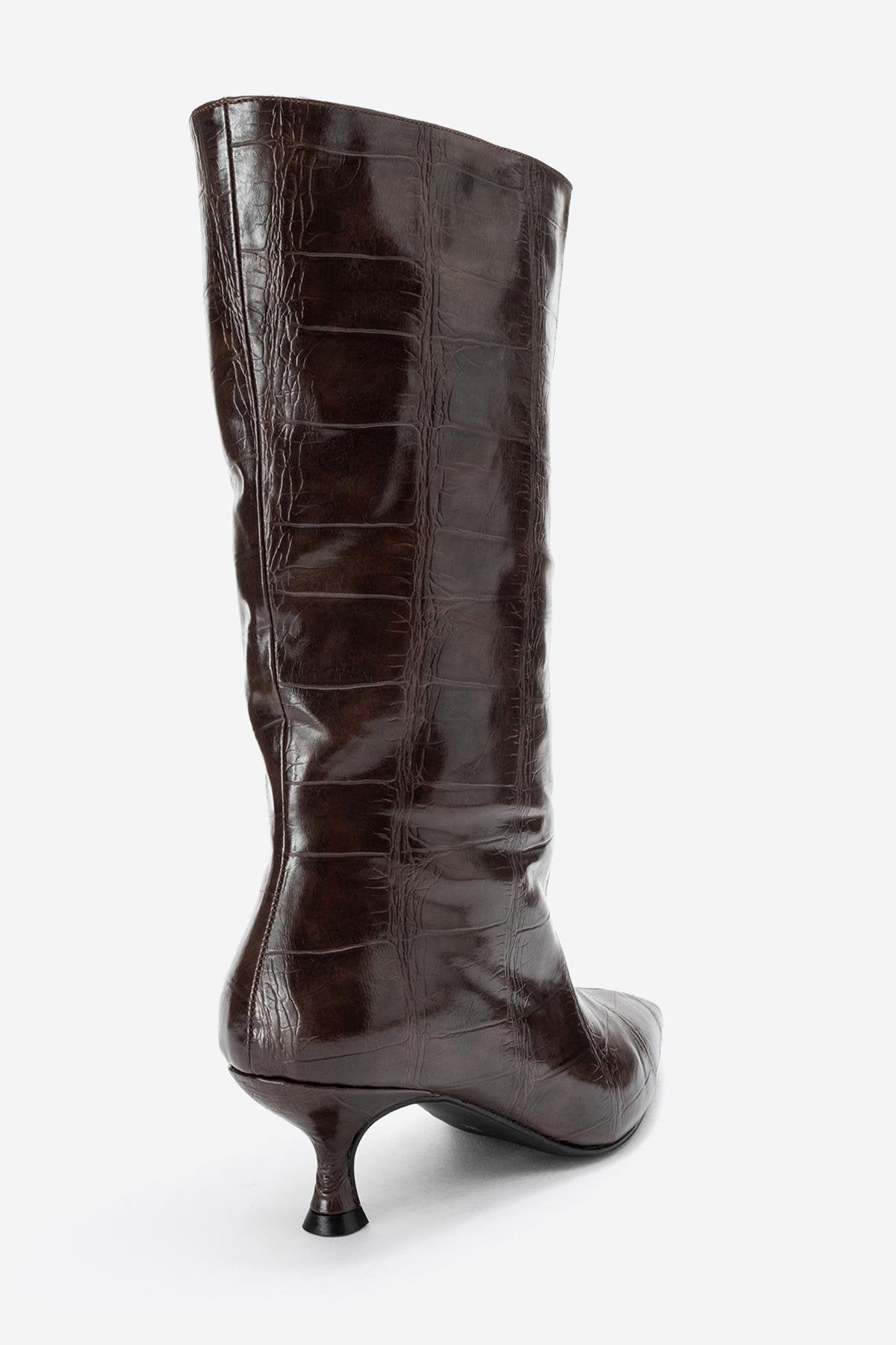 Crow - Brown Embossed Pointed Toe Short Heeled Boot (Women)
