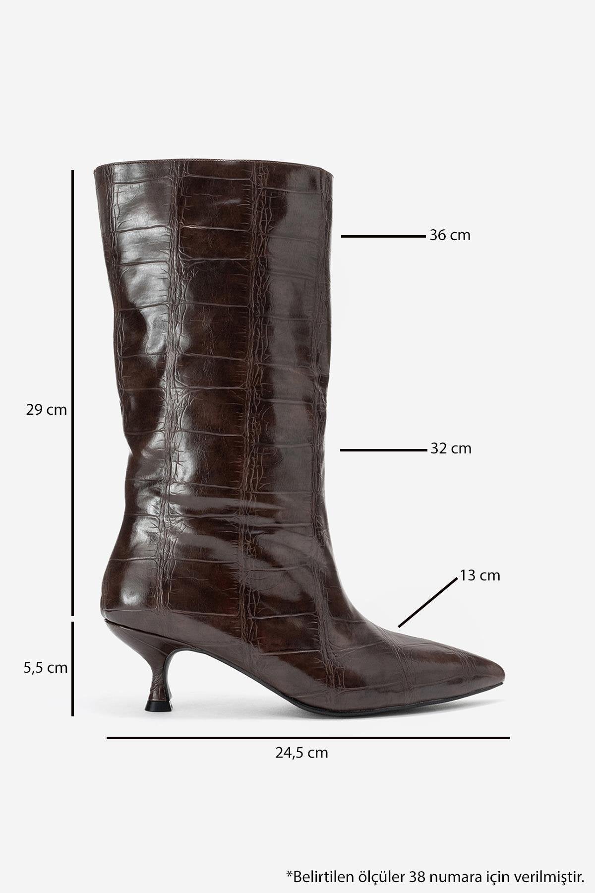 Crow - Brown Embossed Pointed Toe Short Heeled Boot (Women)