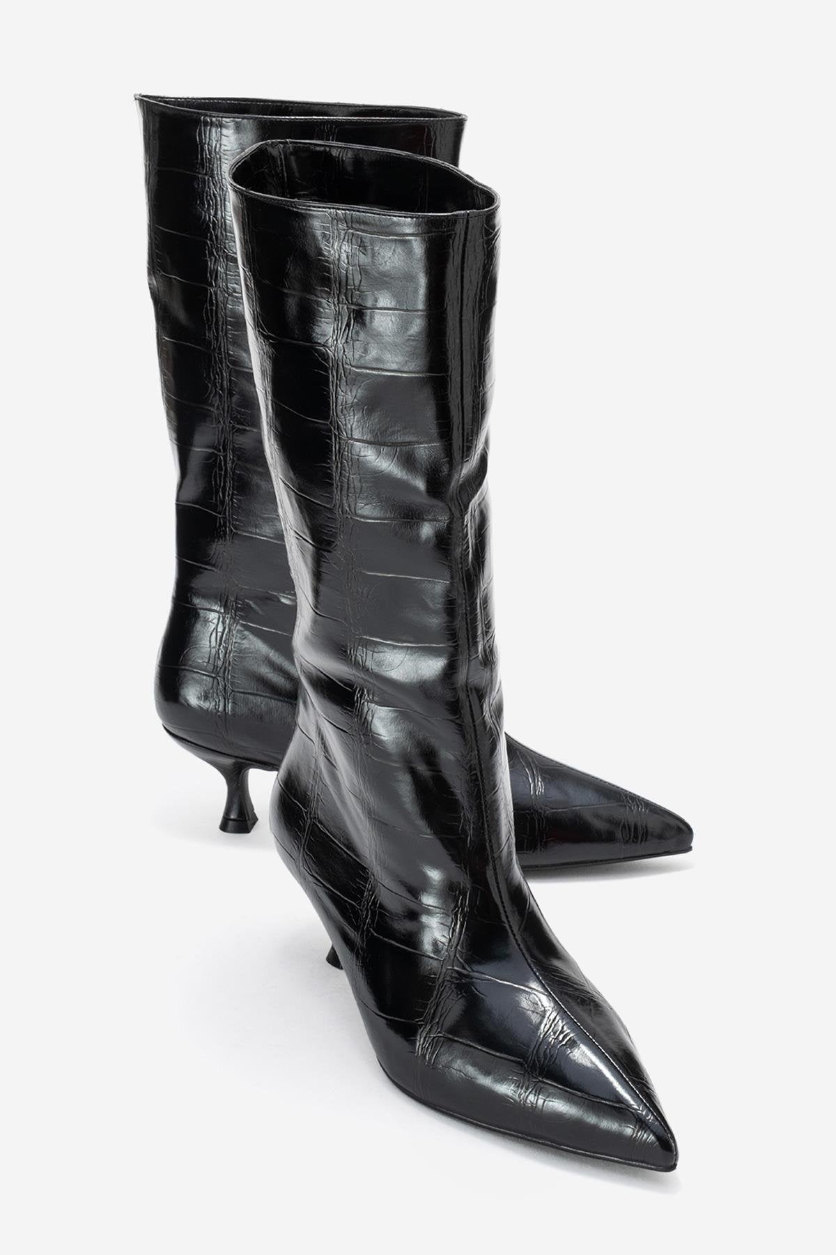 Crow - Black Embossed Pointed Toe Short Heeled Boot (Women)