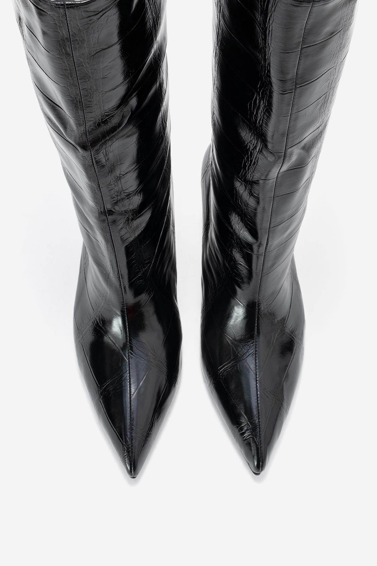 Crow - Black Embossed Pointed Toe Short Heeled Boot (Women)