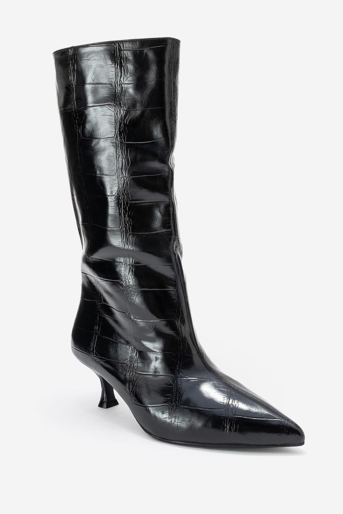 Crow - Black Embossed Pointed Toe Short Heeled Boot (Women)