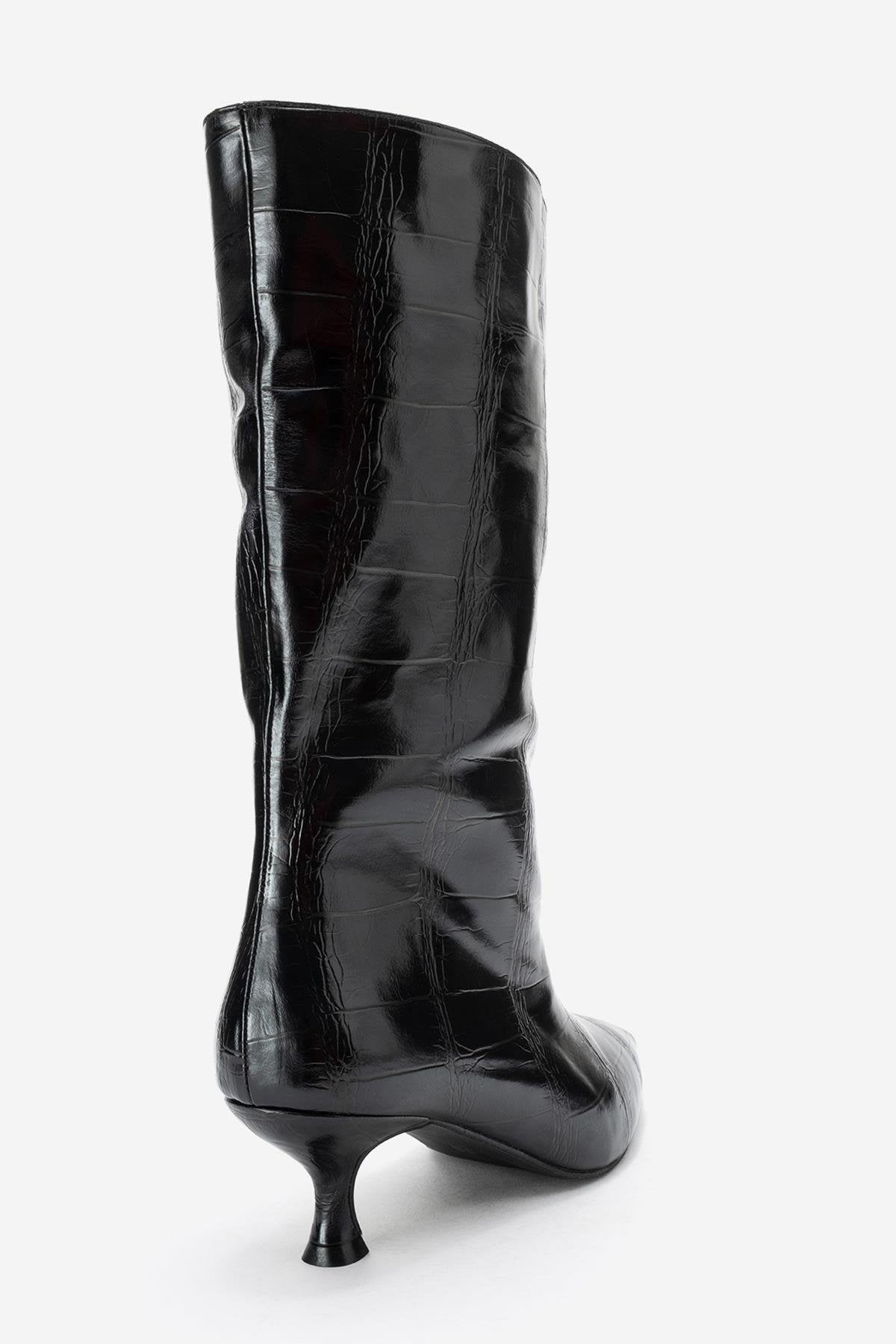 Crow - Black Embossed Pointed Toe Short Heeled Boot (Women)