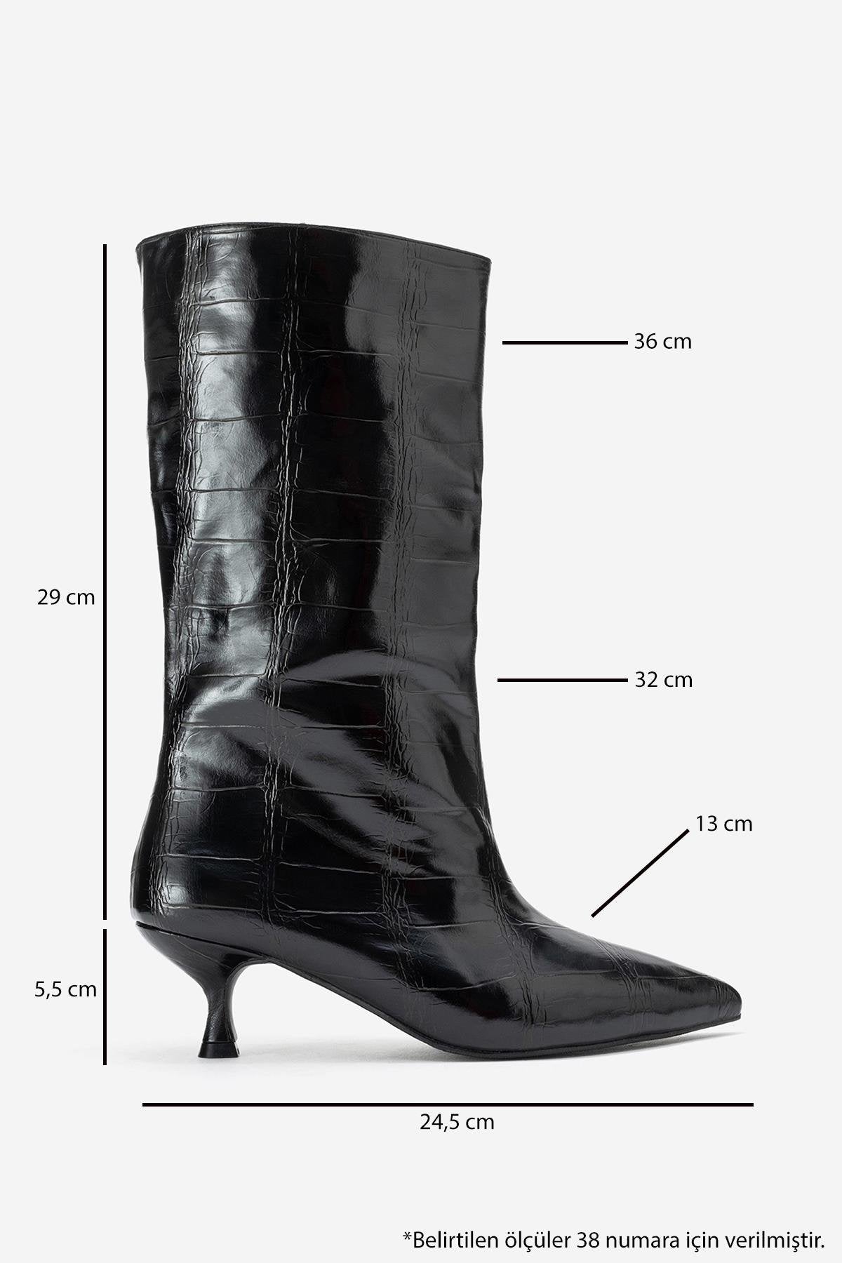 Crow - Black Embossed Pointed Toe Short Heeled Boot (Women)