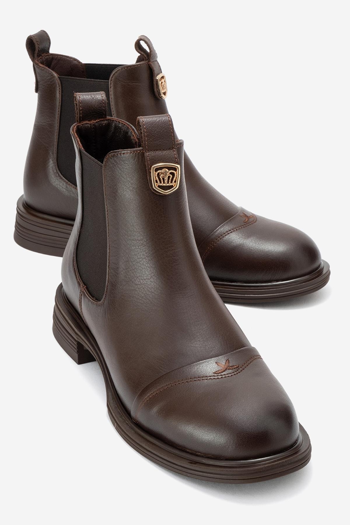 Sidney - Brown Genuine Leather Buckled Elastic Chelsea Boot (Women)