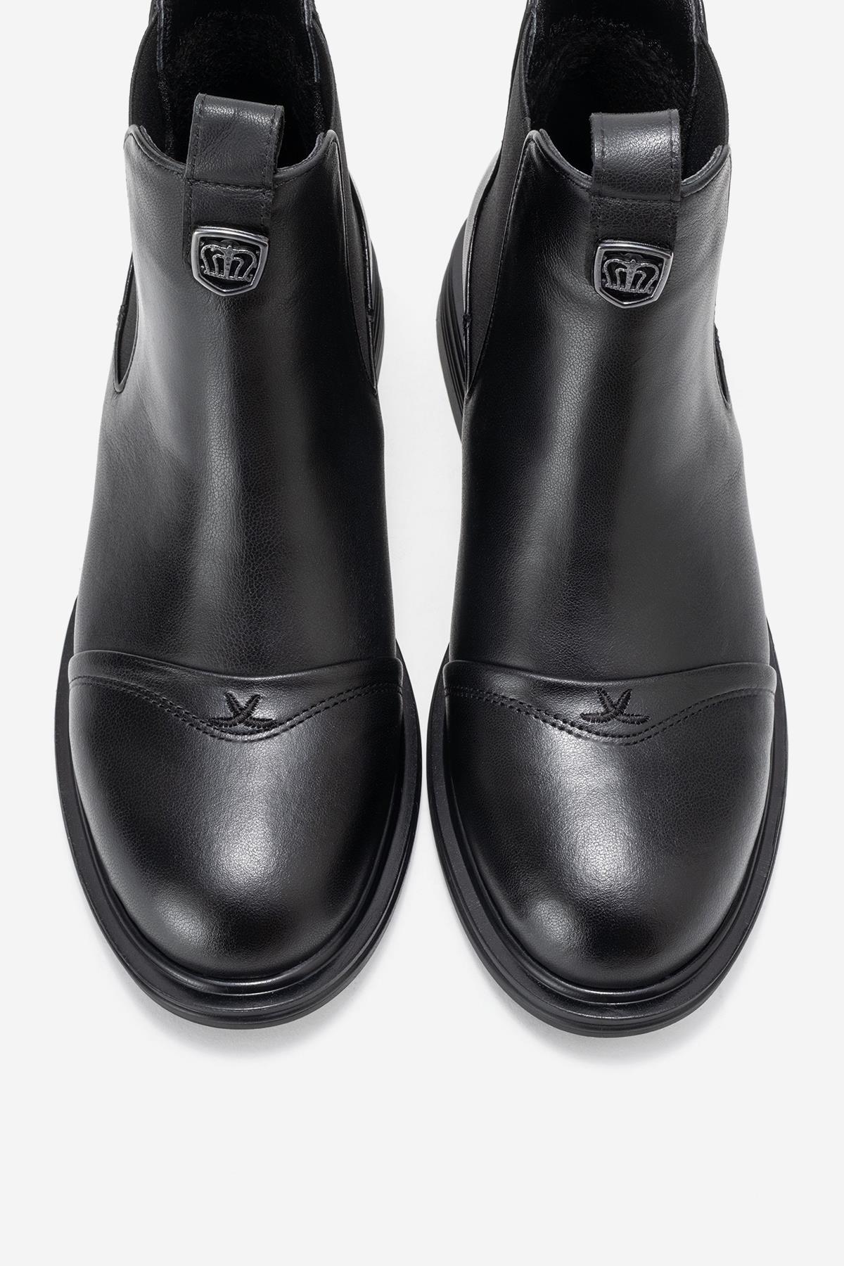 Sidney - Black Genuine Leather Buckled Elastic Chelsea Boot (Women)