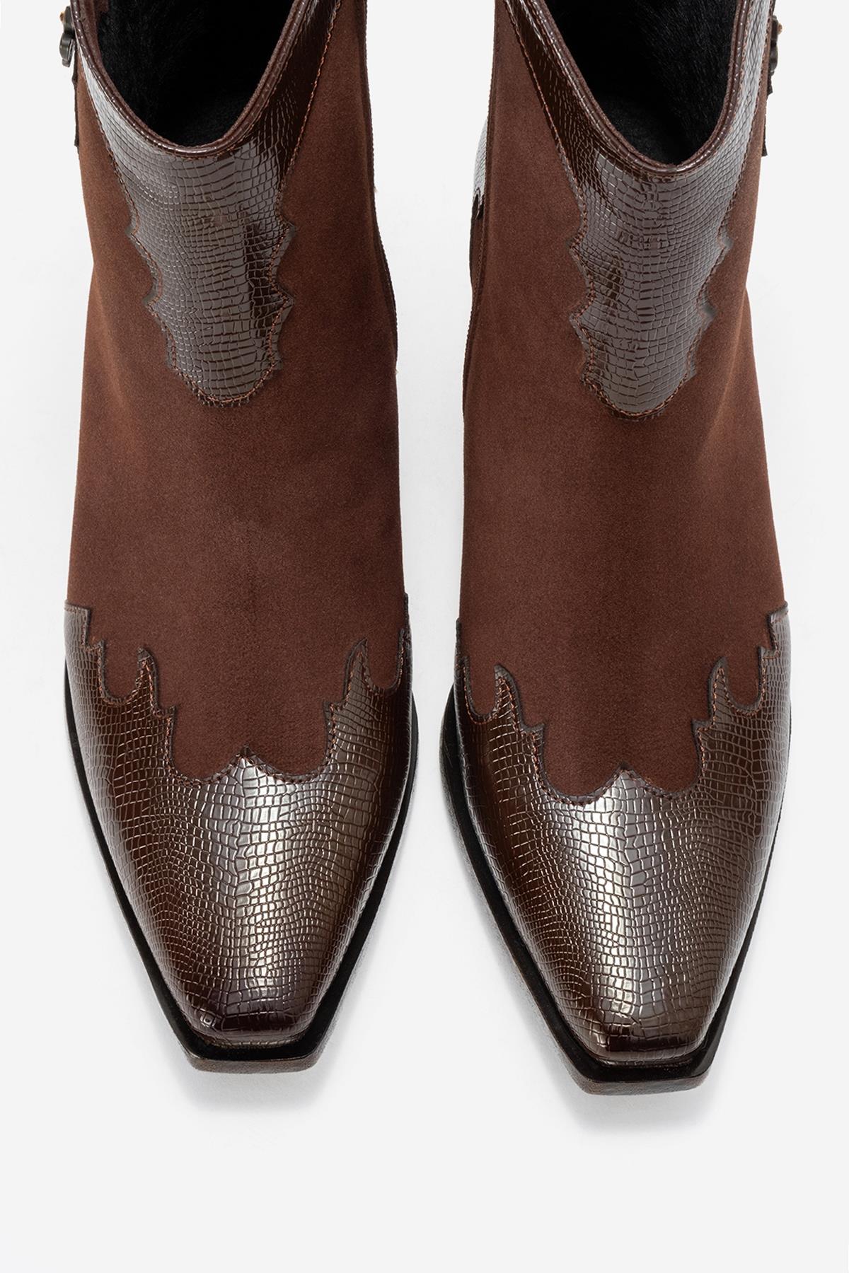 Loel - Brown Suede Patterned Chunky Western Boot (Women)