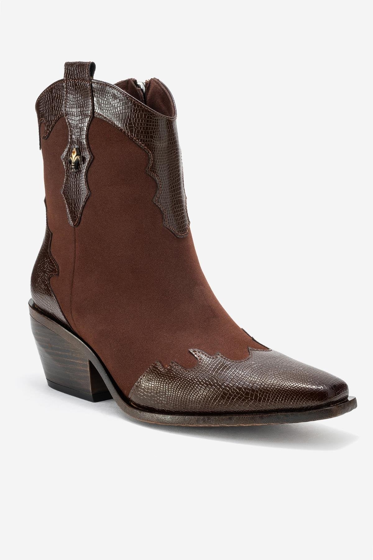 Loel - Brown Suede Patterned Chunky Western Boot (Women)