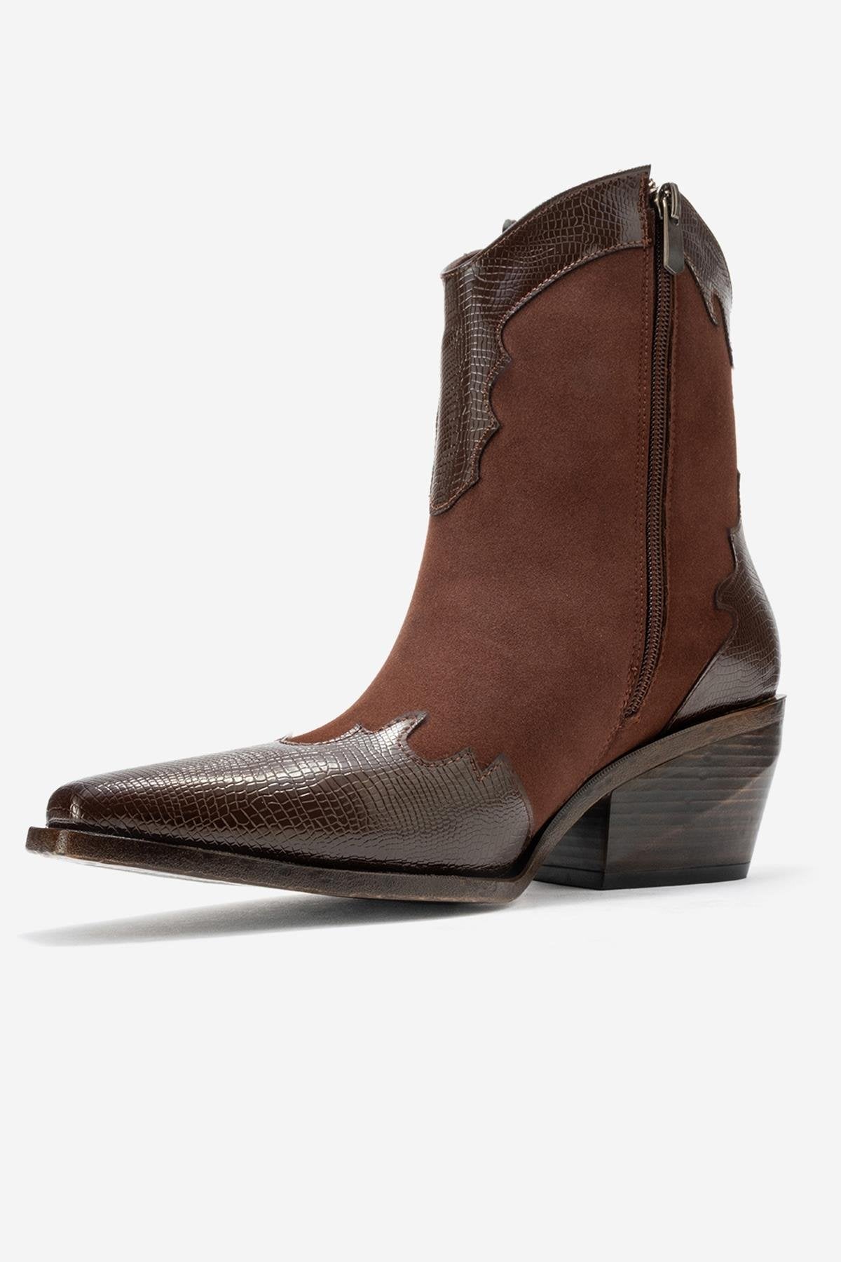 Loel - Brown Suede Patterned Chunky Western Boot (Women)