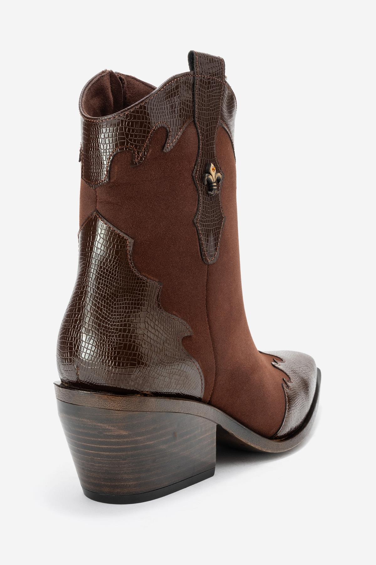 Loel - Brown Suede Patterned Chunky Western Boot (Women)