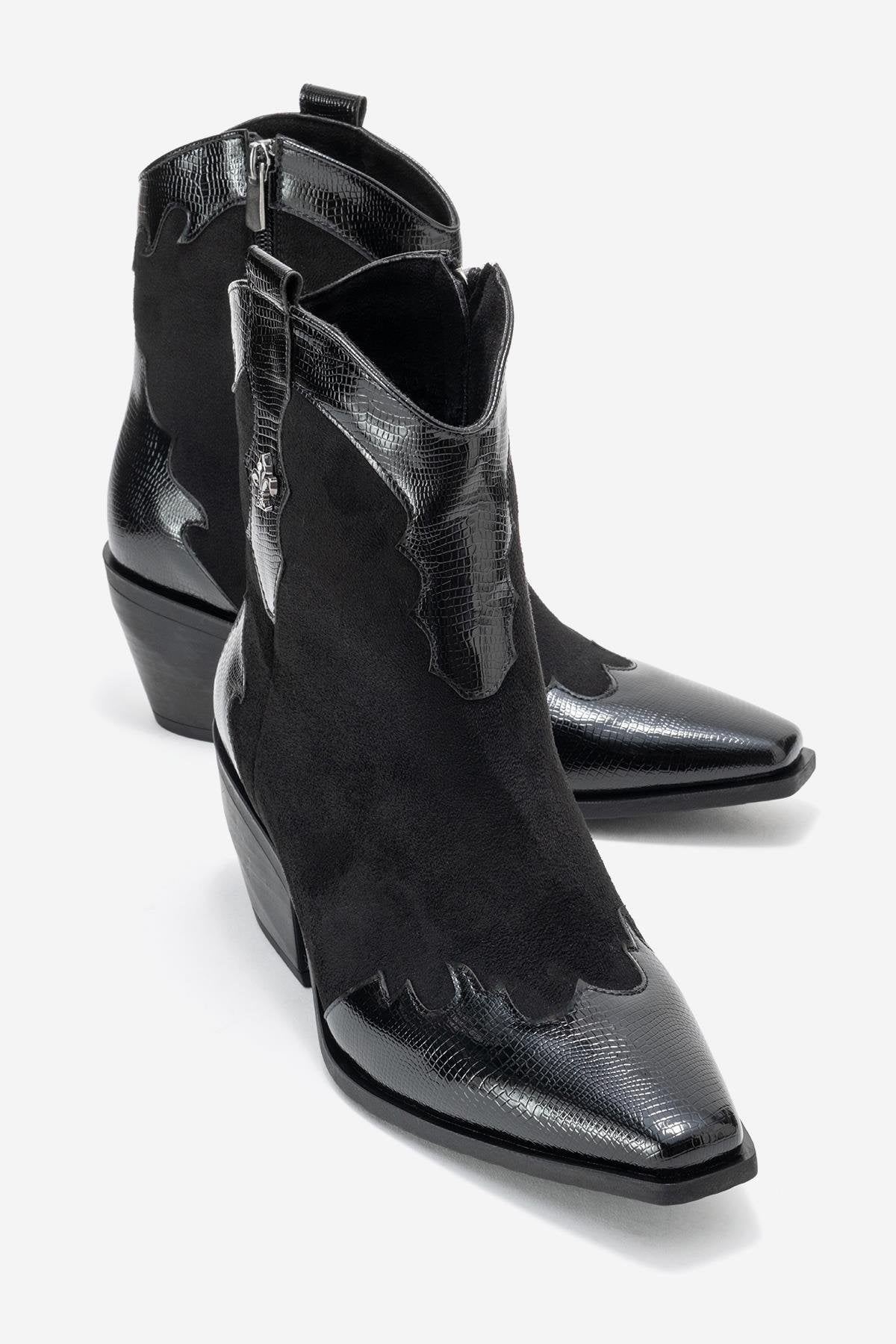 Loel - Black Suede Patterned Chunky Western Boot (Women)