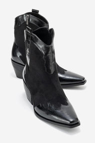 Loel - Black Suede Patterned Chunky Western Boot (Women)