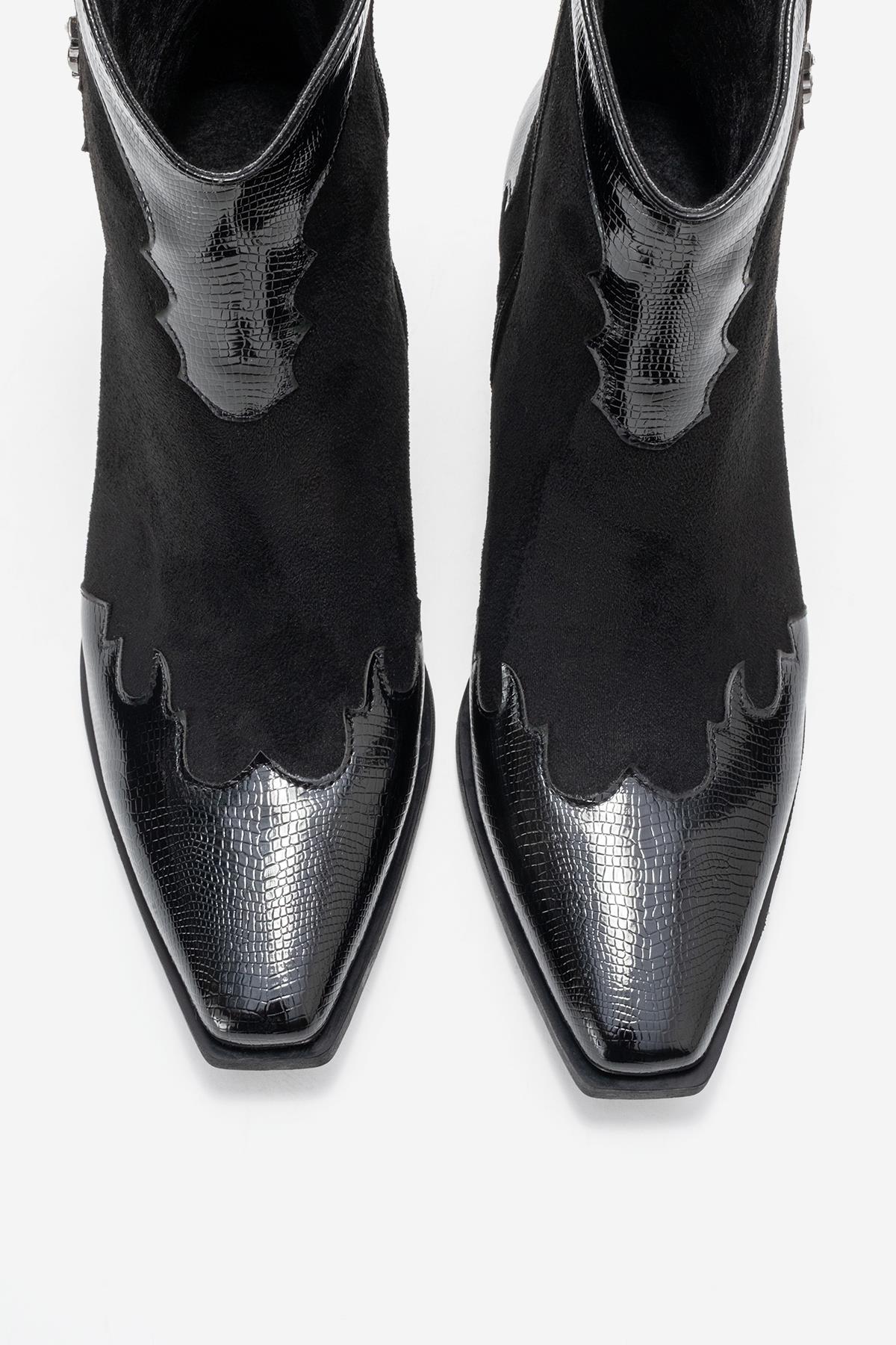 Loel - Black Suede Patterned Chunky Western Boot (Women)