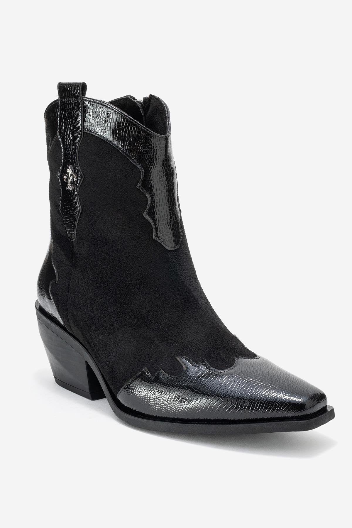 Loel - Black Suede Patterned Chunky Western Boot (Women)