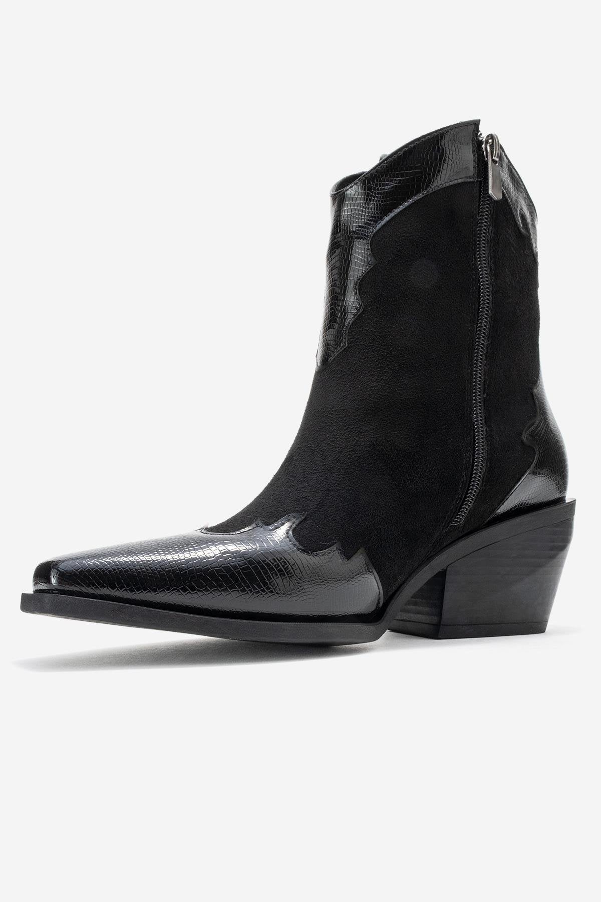 Loel - Black Suede Patterned Chunky Western Boot (Women)