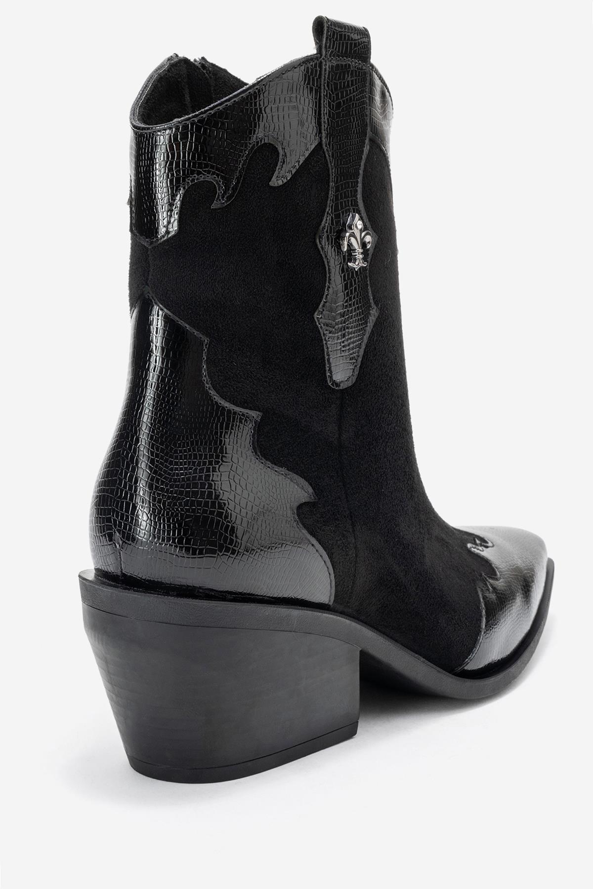 Loel - Black Suede Patterned Chunky Western Boot (Women)