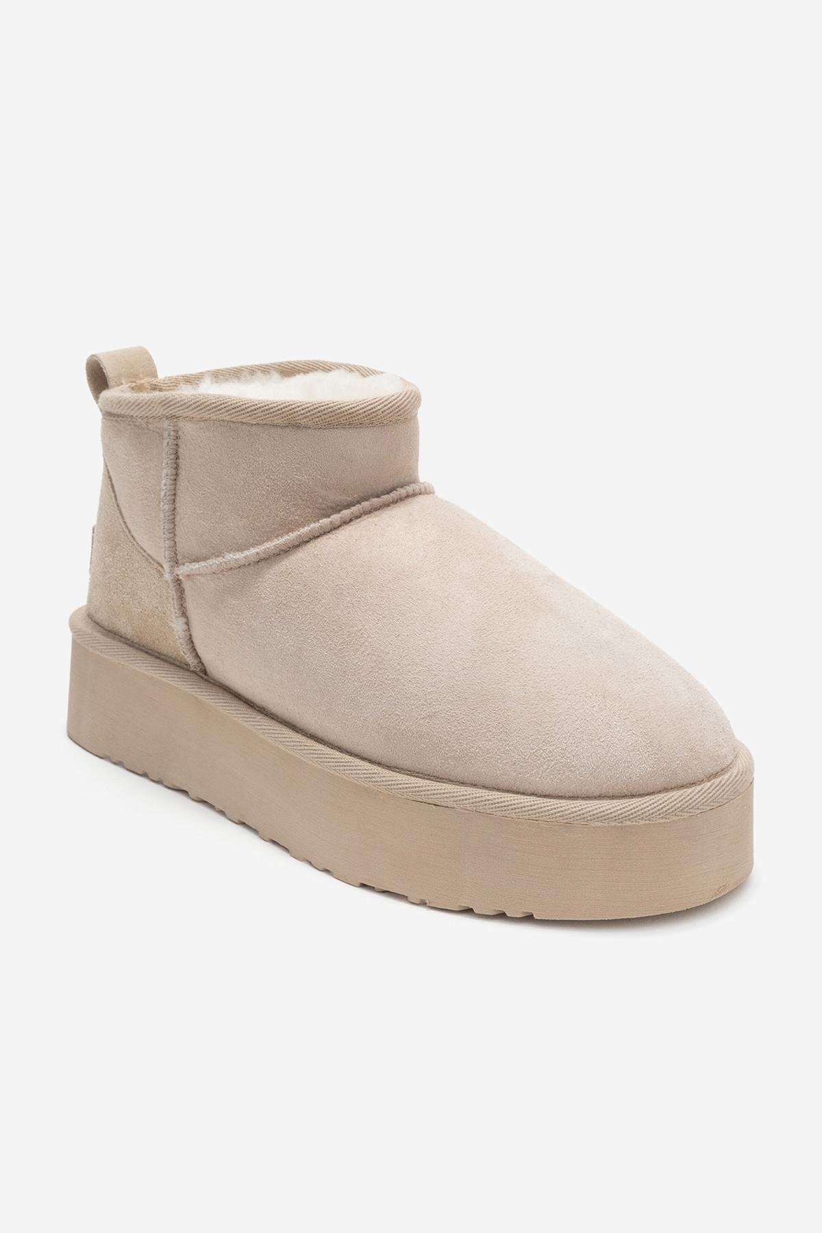 Havana - Beige Suede Genuine Leather Fur-Lined Platform Ankle Boot (Women)