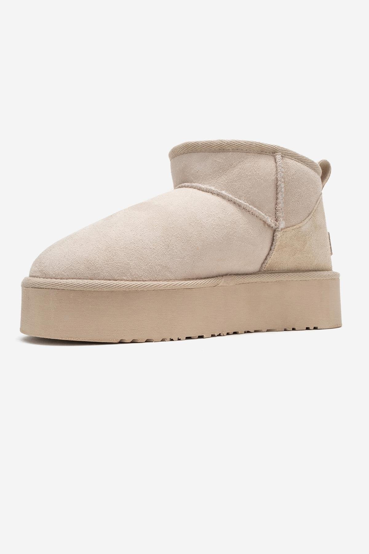 Havana - Beige Suede Genuine Leather Fur-Lined Platform Ankle Boot (Women)