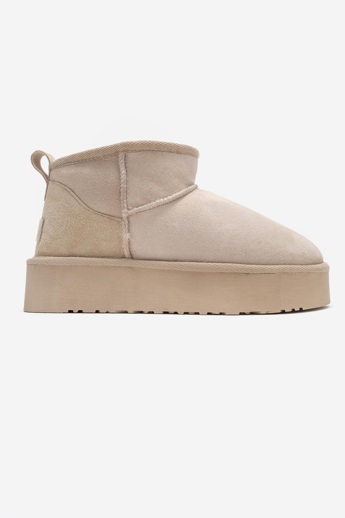 Havana - Beige Suede Genuine Leather Fur-Lined Platform Ankle Boot (Women)