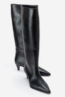 Siora - Black Genuine Leather Kitten Heel Knee-High Boot (Women)