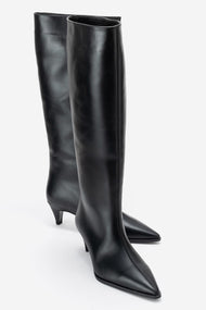 Siora - Black Genuine Leather Kitten Heel Knee-High Boot (Women)