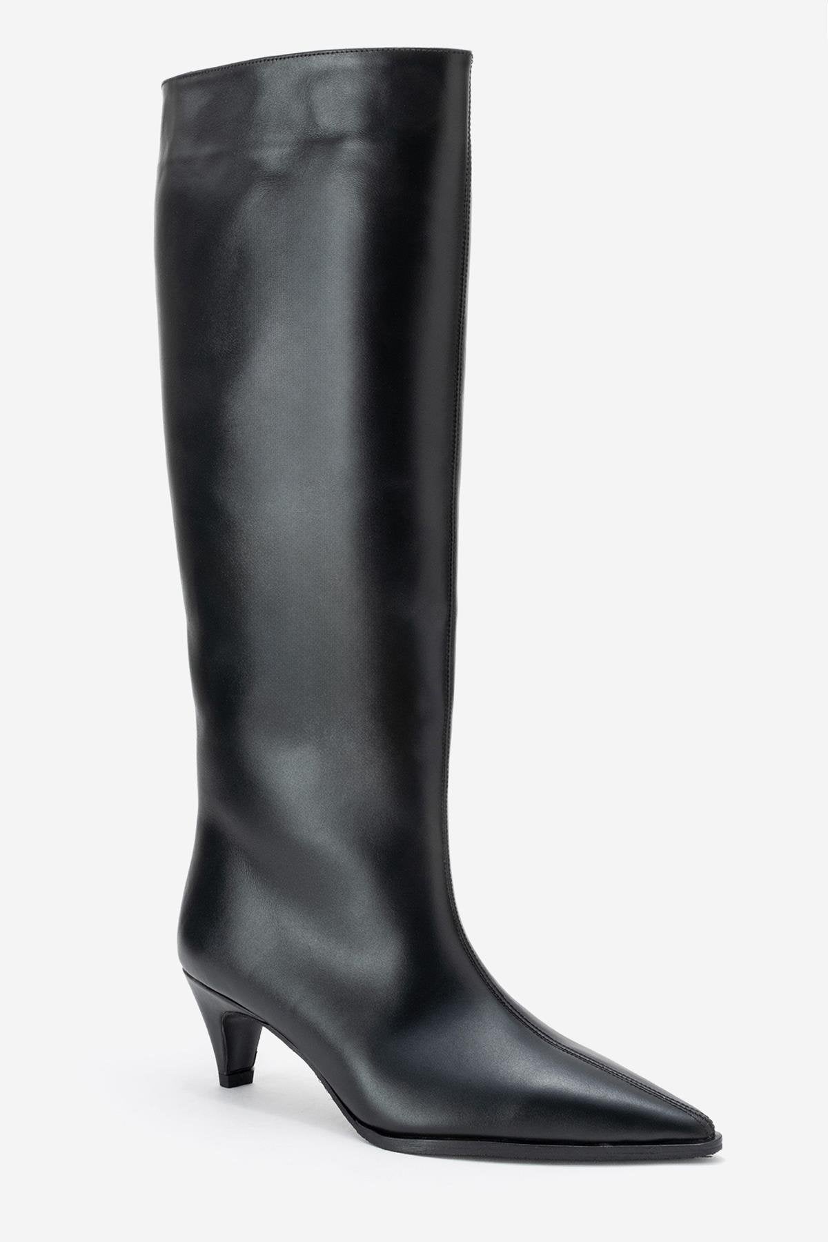 Siora - Black Genuine Leather Kitten Heel Knee-High Boot (Women)
