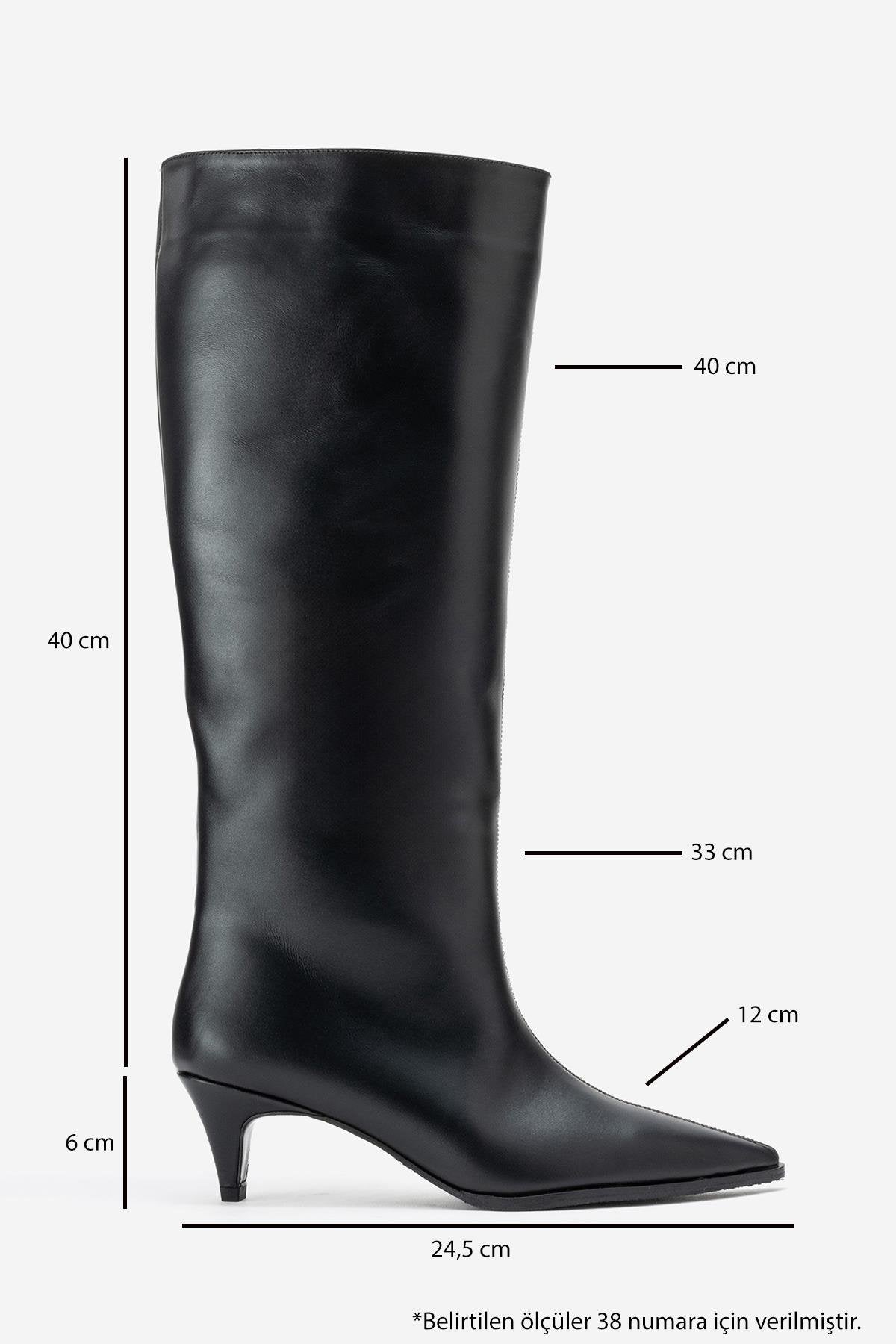 Siora - Black Genuine Leather Kitten Heel Knee-High Boot (Women)