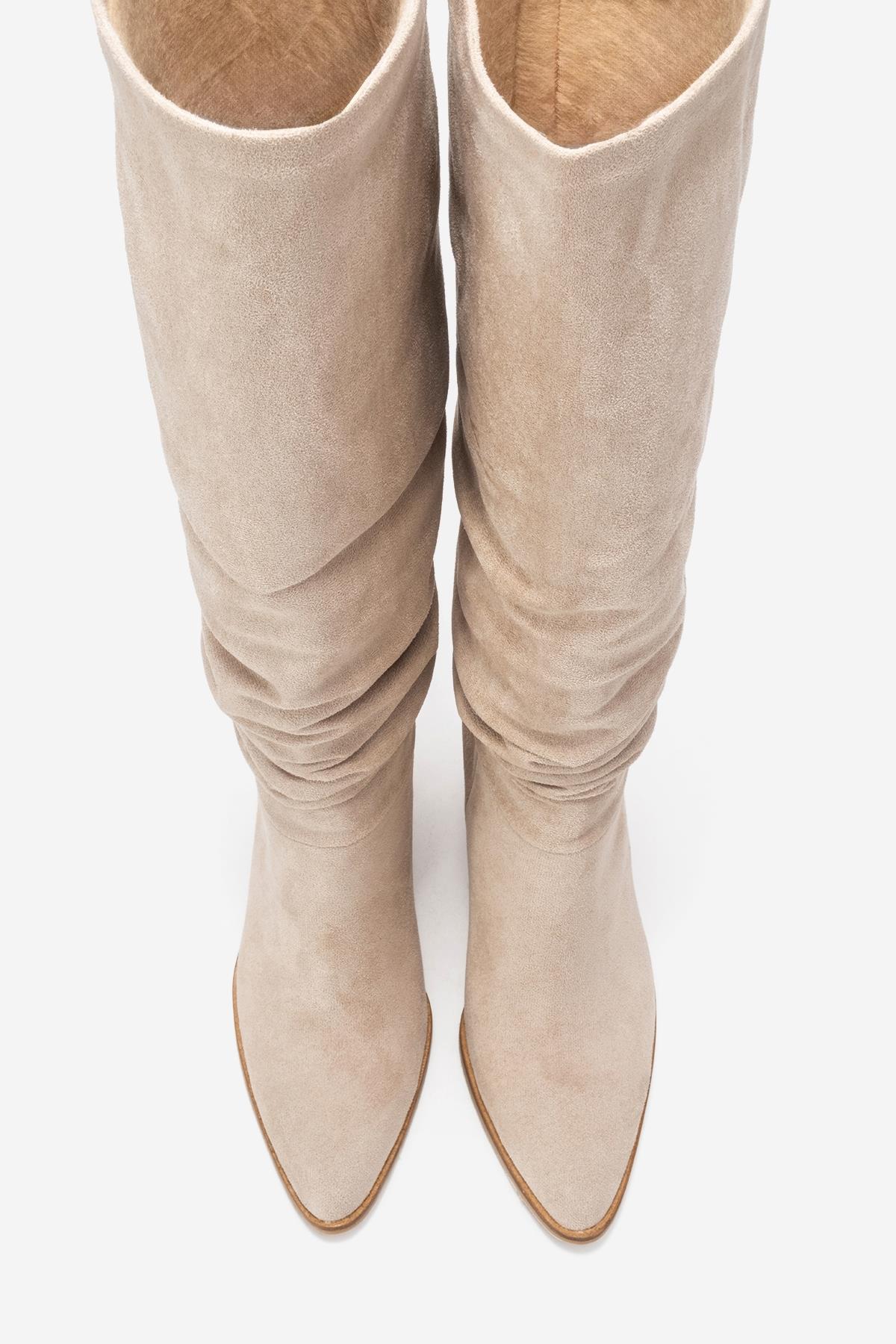 120 - Beige Suede Gusseted Block Heel Knee-High Boot (Women)