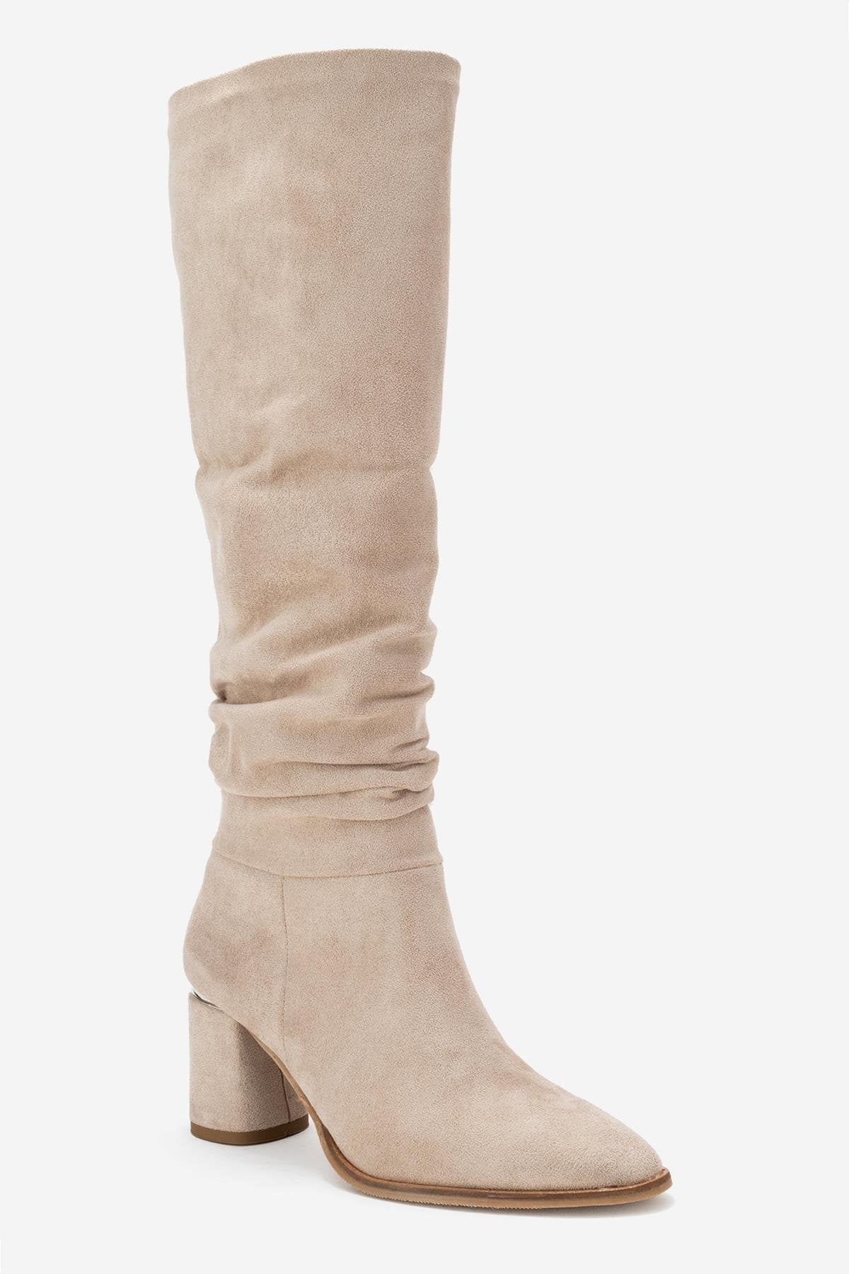 120 - Beige Suede Gusseted Block Heel Knee-High Boot (Women)