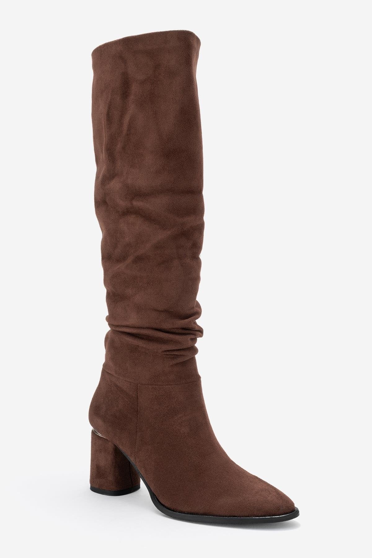 120 - Brown Suede Gusseted Block Heel Knee-High Boot (Women)