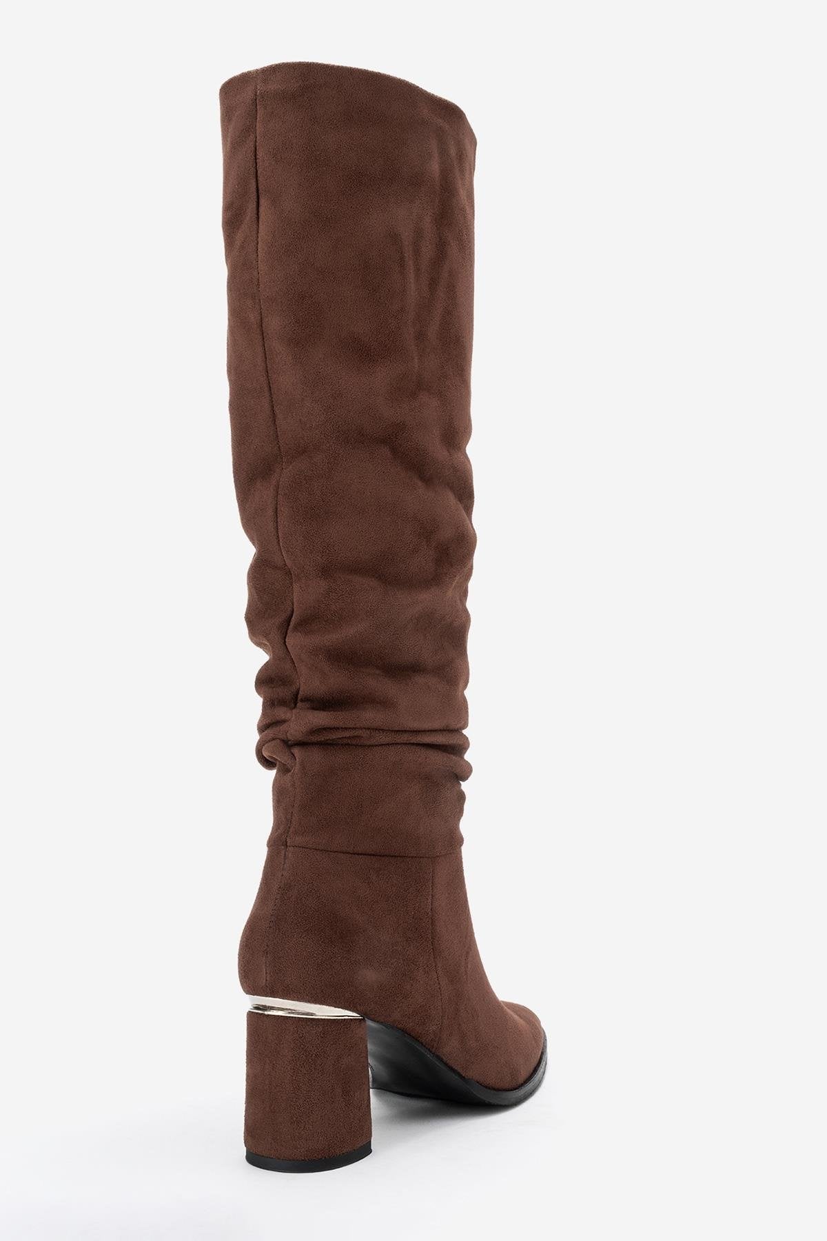 120 - Brown Suede Gusseted Block Heel Knee-High Boot (Women)
