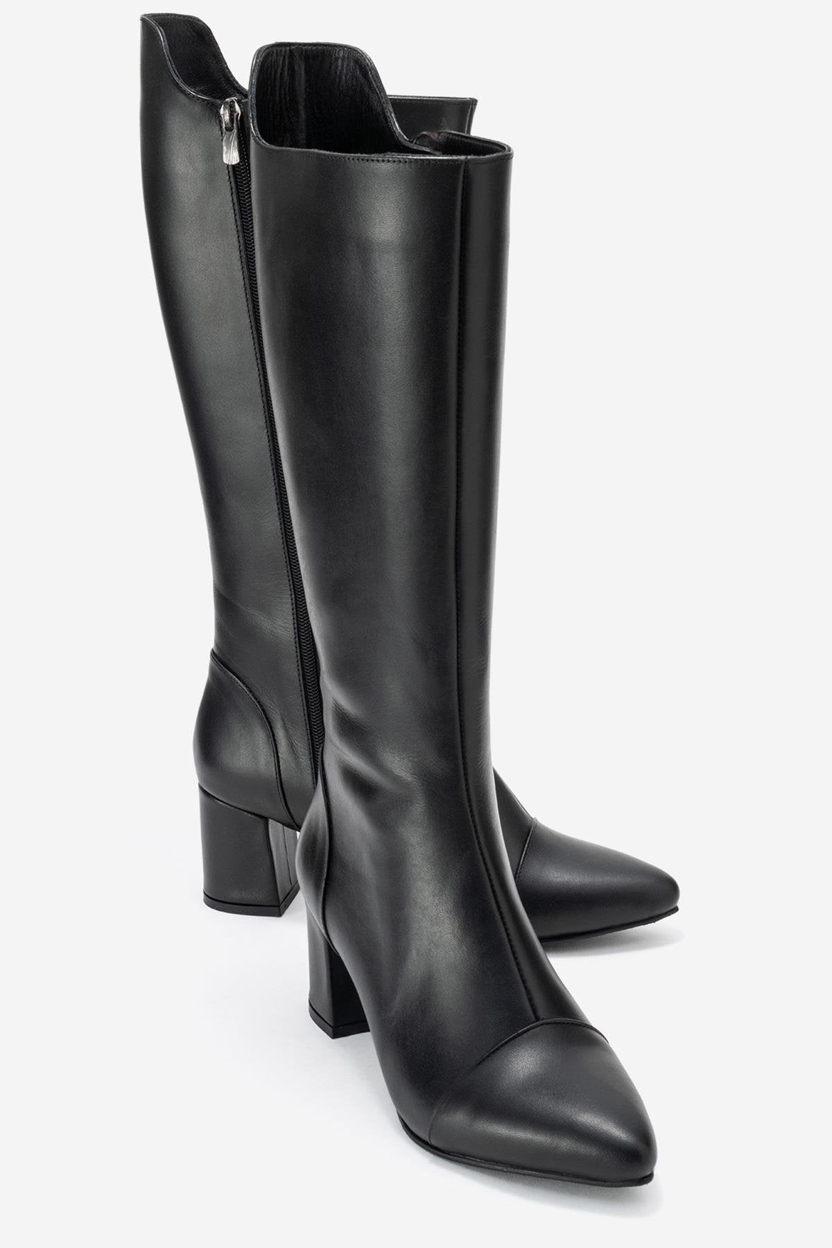 Lumin - Black Genuine Leather Block Heel Knee-High Boot (Women)